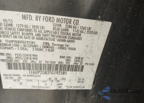 2015 Ford Taurus Se из США, поврежденный, VIN 1FAHP2D82FG192585